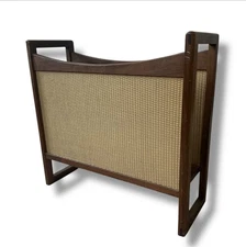 Vintage Mid Century Modern Rattan Magazine Rack Wood Frame Cane Weave Boho Decor