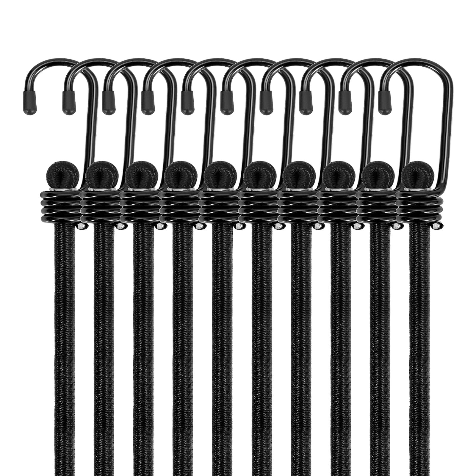 10 Pack 16inch Heavy Duty Black Bungee Cords with Hooks, Weatherproof Straps