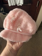 Vtg Antique Baby Bonnet Faux Fur Heirloom White Silk Ribbon Satin Lined 70s