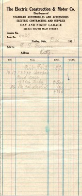 1921 Electric Construction & Motor Co Ohio Commercial Invoice Auto Parts