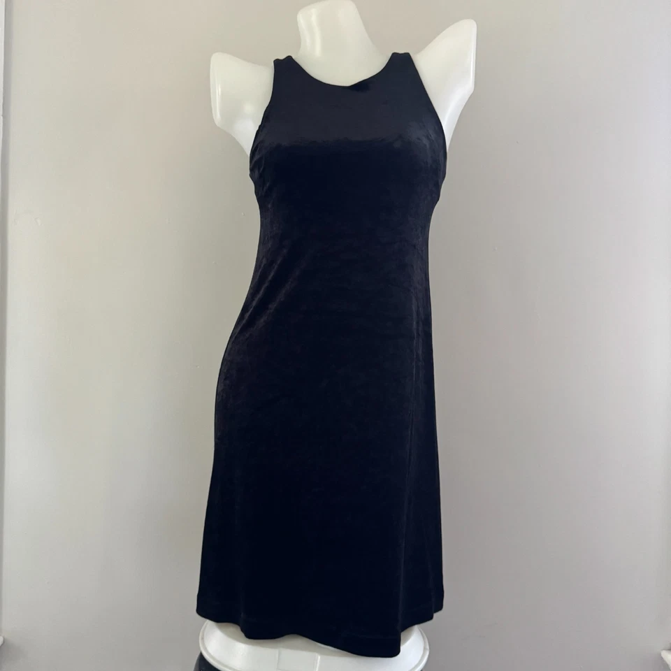 Mini Vestido sin Mangas Vintage Años 90 BETSEY JOHNSON Negro ELASTIZADO Terciopelo Aplastado LBD S Foto 3 de 4