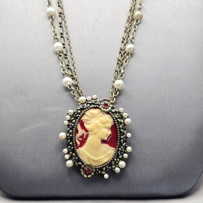 Victorian Revival Faux Cameo Necklace 26'' Multi Strand Station Chain by Jennis B