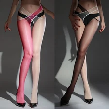 Oily Shiny Unique Cross Waist Stockings Ultra Sheer Pantyhose Crotchless Tights