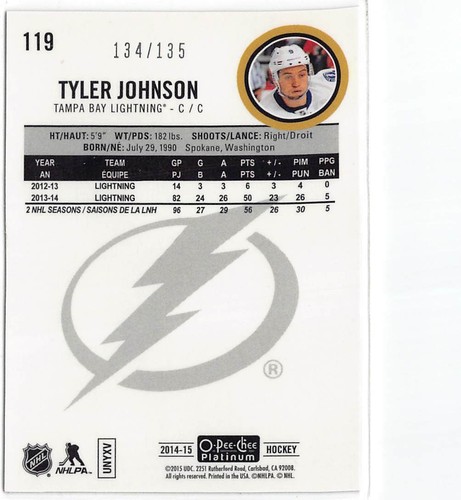 2014-15 O-Pee-Chee Platinum Red Prism #119 Tyler Johnson/135 - Imagen 2 de 2