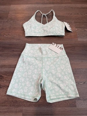 NWT Wilo The Label Floral Active Set Sports Bra Biker Shorts Sage Green Small