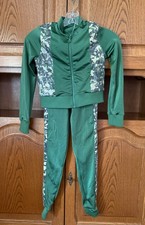 Dressy 2 Piece Dance Costume w/ Pants Jacket Sequins Sz MC Army Green Camoflauge