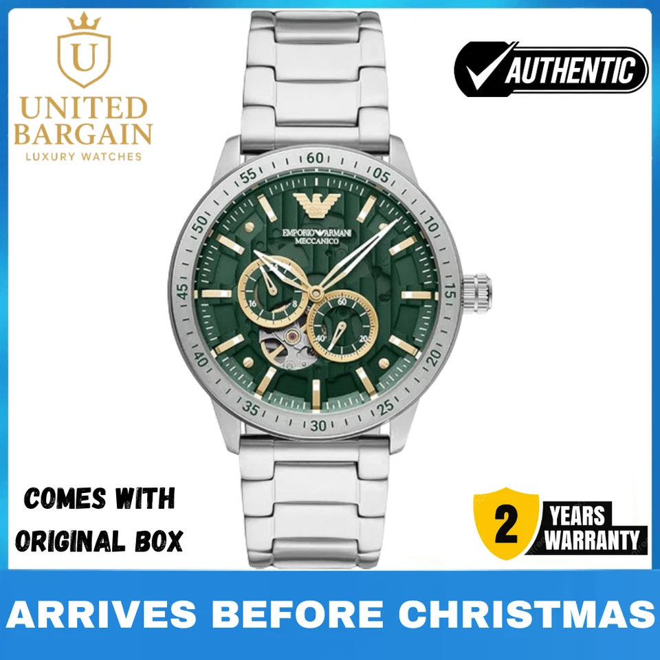 BRANDED Nuevo Reloj Emporio Armani Verde Esqueleto Meccanico Automático Hombre Acero AR60053