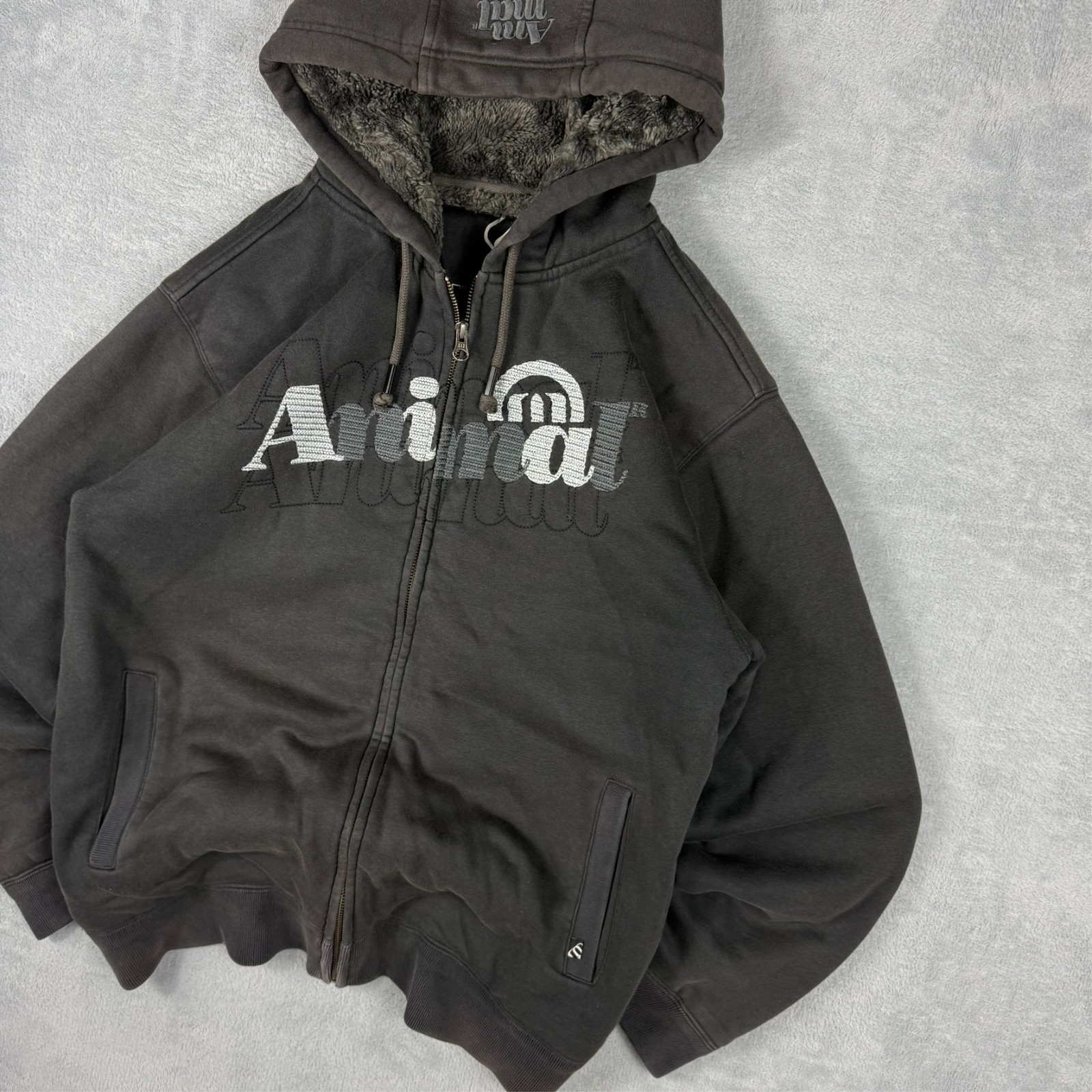 VTG Animal Y2K Washed Black Fur Lined Heavyweight Oversized Sz M Full Zip Hoodie image 4