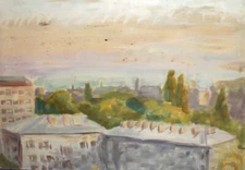 Vintage impressionist oil painting cityscape