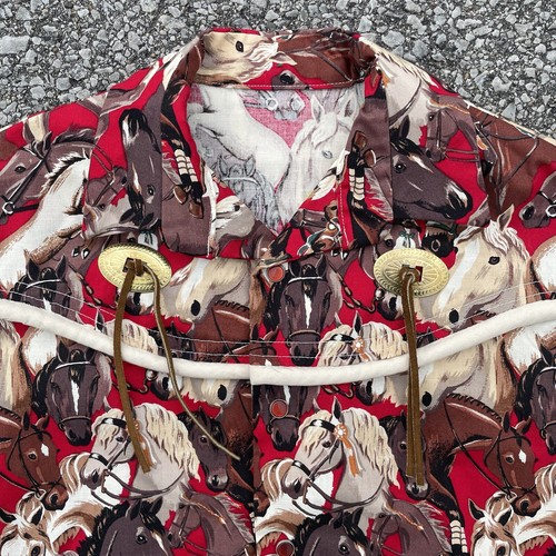 Vintage Western Shirt Kids Red Horse Print Handmade Pearl Snap Rodeo Western 60s - Picture 2 of 15