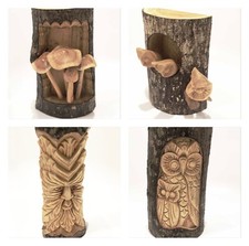 Wood Carving Garden Ornament Wooden Carved Log Green Man Owl Mushroom Bird