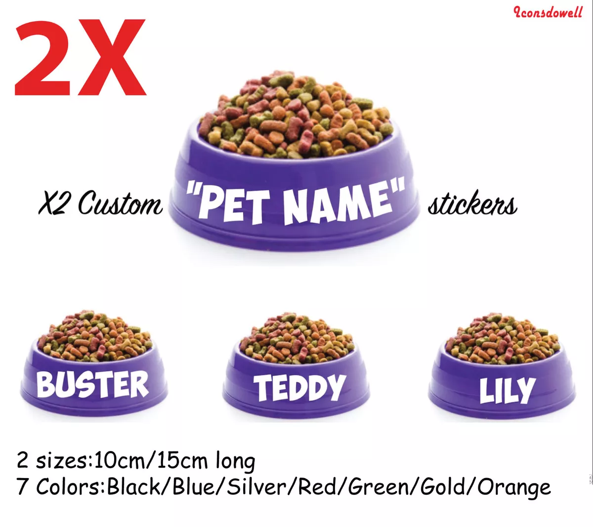 2x Personalised Pet Name Custom Text Stickers For Cat Dog Food Water Bowl Dish