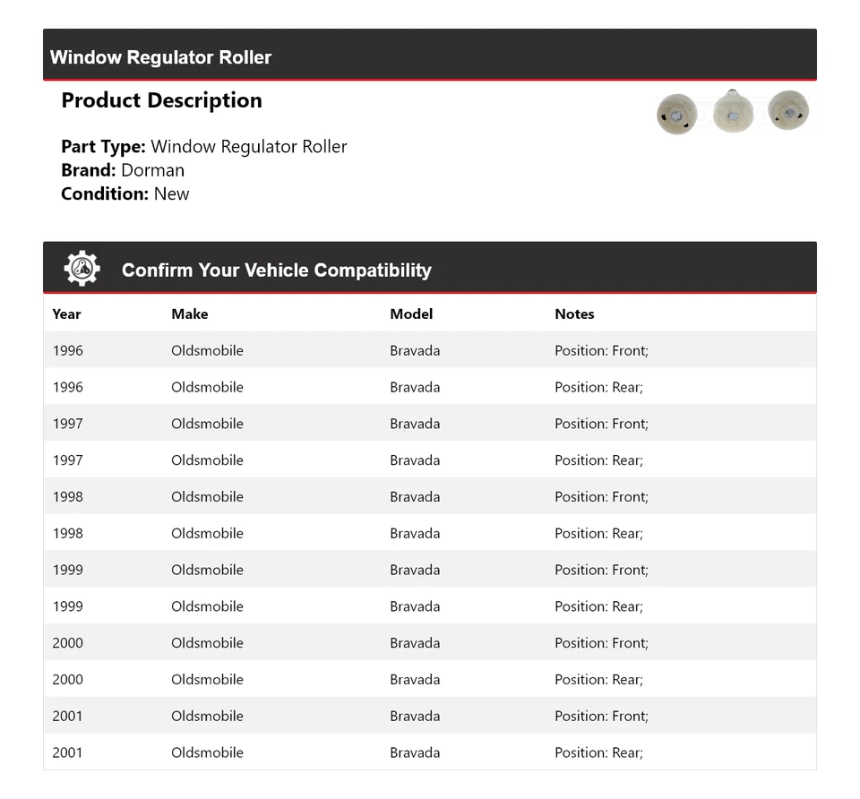 Rodillo regulador ventana Oldsmobile Bravada Dorman 1996-2001 1997 1998 1999 Foto 2 de 4