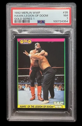 1992 merlin UK wwf #35 hawk rc; road warriors LOD gold series PSA 7  (POP 1, 0^)