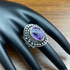 Faceted Amethyst Gemstone Ring 925 Sterling Silver Wide Band Ring Statement Ring