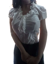 LOFT 4p "Petites" White SS Scalloped Button-up Blouse