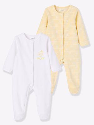 Baby Pack of 2 Velour Sleepsuits, Yellow and white, 3-6 months, New