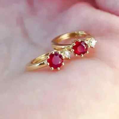1.50Ct Round Cut Simulated Red Ruby Women's Hoop Earrings 14k Yellow Gold Plated