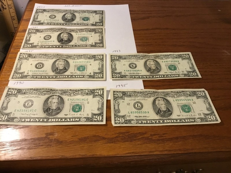 20 Dollar Bills (Lot of 6) Vintage Small Face 70s/90s Notes  $120 Face Value