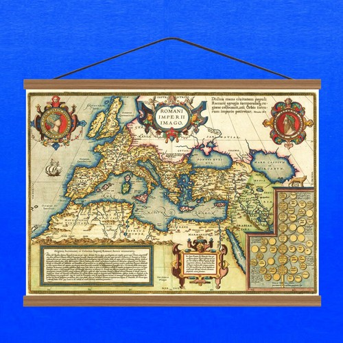 Antique Old 1592 Map Of The Ancient Roman Empire; Cotton Canvas, Wooden Hanger - Picture 6 of 19