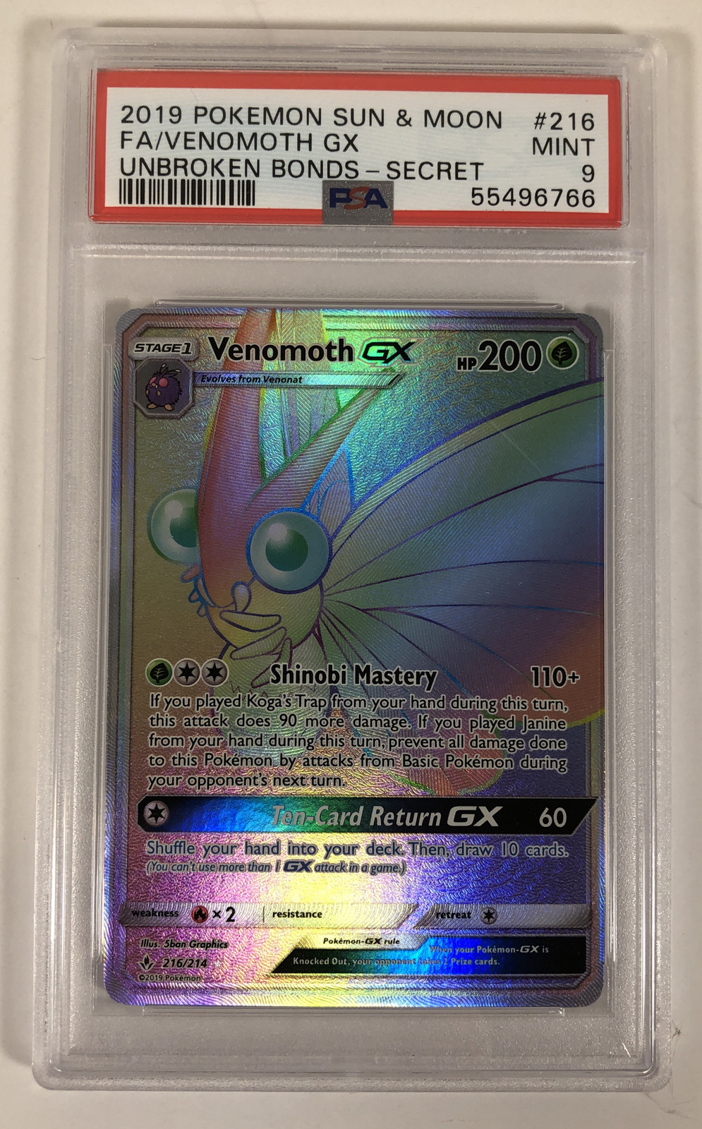 2019 Pokemon Unbroken Bonds Venomoth GX Secret Rainbow Rare 216 PSA 9 Mint