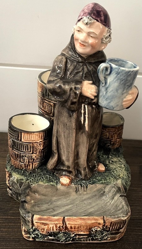 ANTIQUE TABLETOP MONK HOLY WATER FONT WITH SMALL VASELIKE CONTAINERS