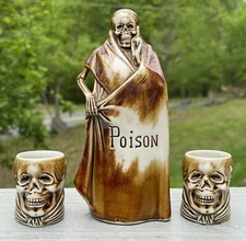 RARE Schafer Vater Grim Reaper Skeleton Decanter Shot Glass Skulls POISON