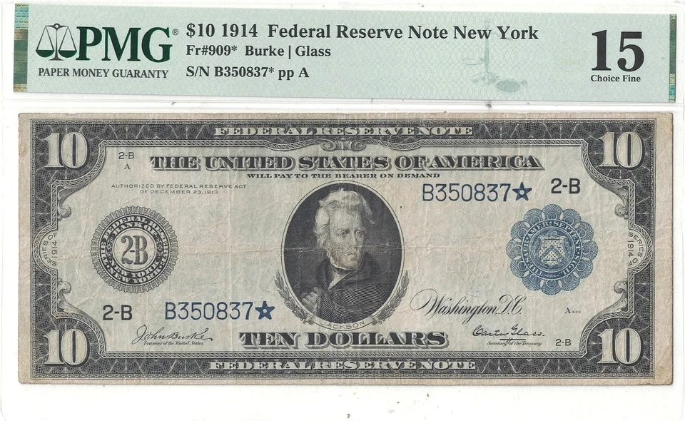 1914 $10 Federal Reserve Star Note Fr-909* PMG F-15 - Image 2 of 3