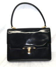 Vintage GUCCI Black Patent Leather Top Handle Gold Tone Hardware Handbag Mirror