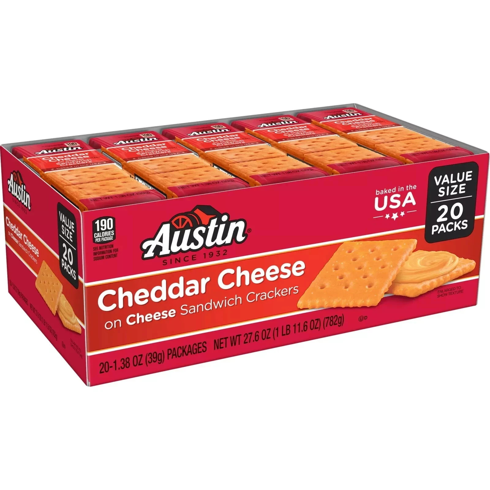 20 Cheddar Cheese Sandwich Crackers, Single Serving Snack Crackers