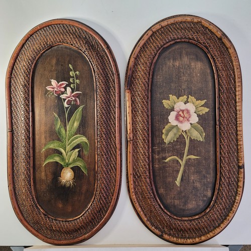 Vintage Hand Painted Botanical Wall Art Pair Bamboo Rattan Coastal Decor