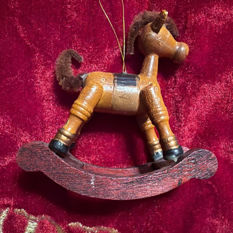 Vintage Christmas Hanging Ornament Wooden Rocking Horse Made In Taiwan