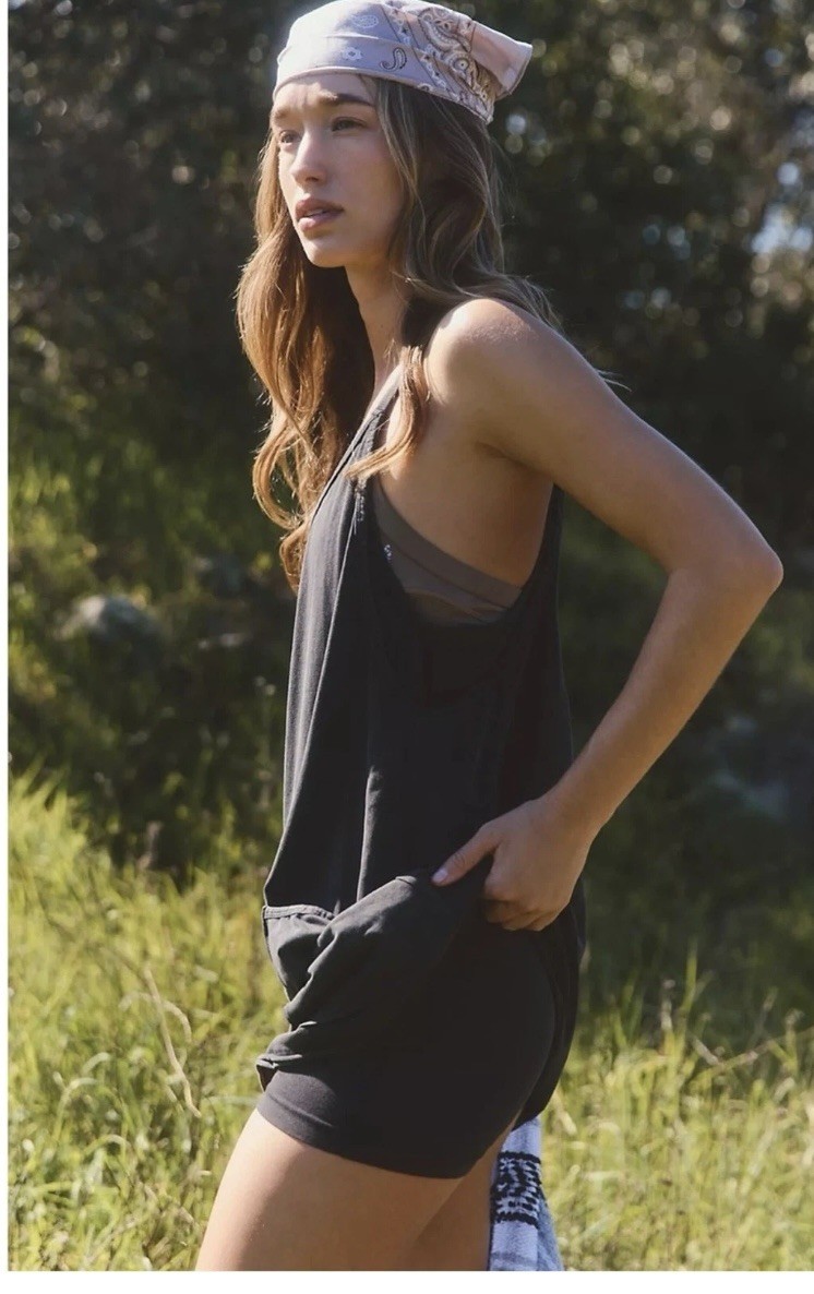 Free People Movement faded black gray Racerback Pocket Romper Lounge Dress Sz Lg