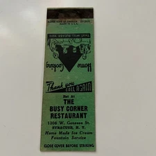 The Busy Corner Restaurant Syracuse NY Vintage Matchbook Cover TMB29-6