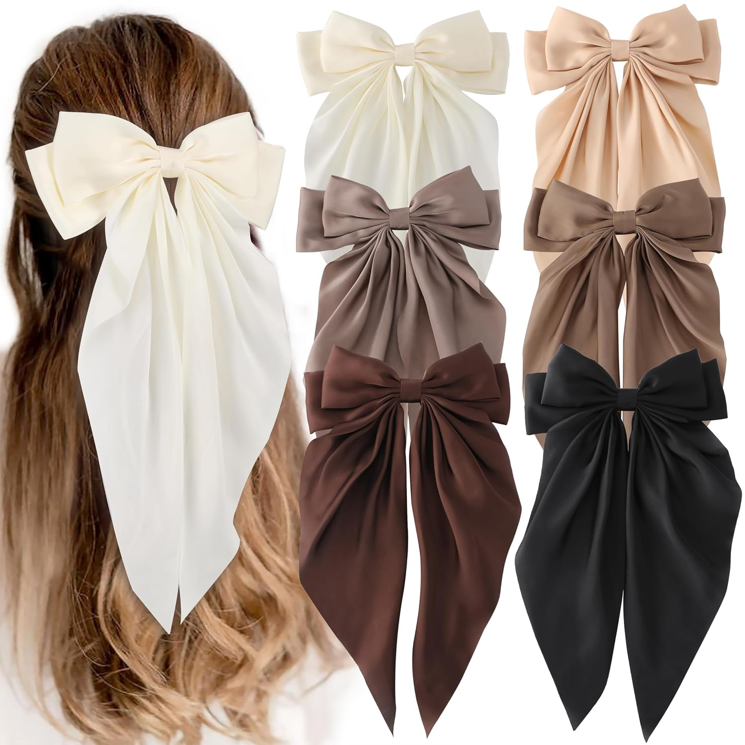 6 PCS Hair Bows for Women, Big Bow Hair Clips for Girls, Silky Satin Hair Bows C