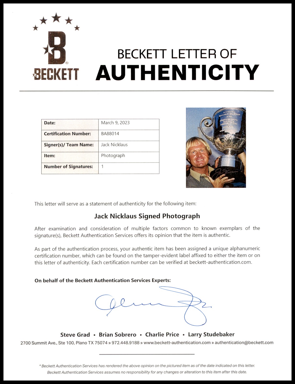 Jack Nicklaus Autographed Signed 8x10 Photo Golf Beckett BAS #BA88014