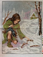 Printed needlepoint Tapestry girl collecting twigs Canvas Only 45x60 Cm