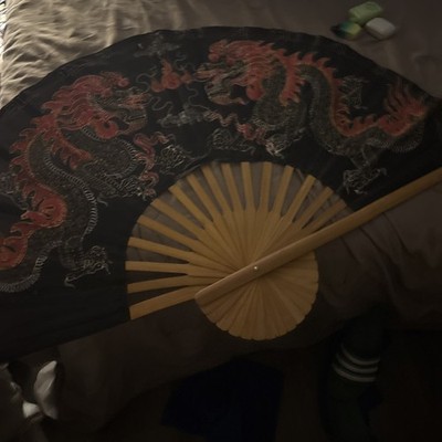 Vtg Mid Century Fan Handpainted Large Wall Hanging Double Red Dragons Pearl 60  