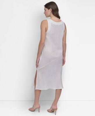 DKNY Women's V-Neck Linen Midi Dress, White, Small DKNY Women's V-Neck Linen Midi Dress, White, Small