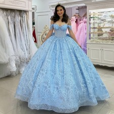Sky Blue Quinceanera Dresses Off Shoulder Lace Appliques Bow Ball Gowns Sweet 16