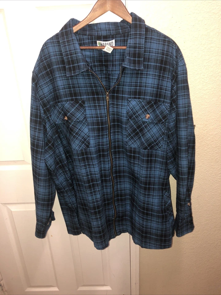 Men’s 4XL Haband blue and black plaid flannel zip-front shirt jacket. - Image 1 of 4