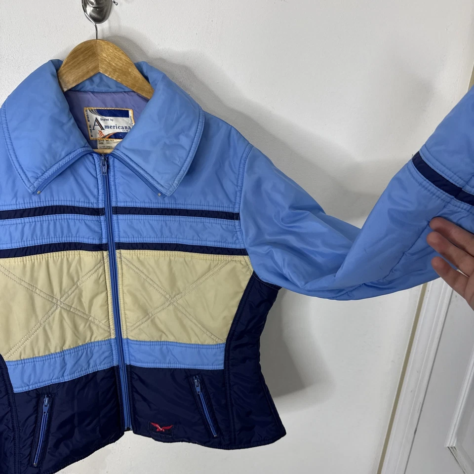 Vintage 70s Americana Ski Jacket Women’s Small Blue Nylon Korea Retro Colorblock - Image 2 of 4