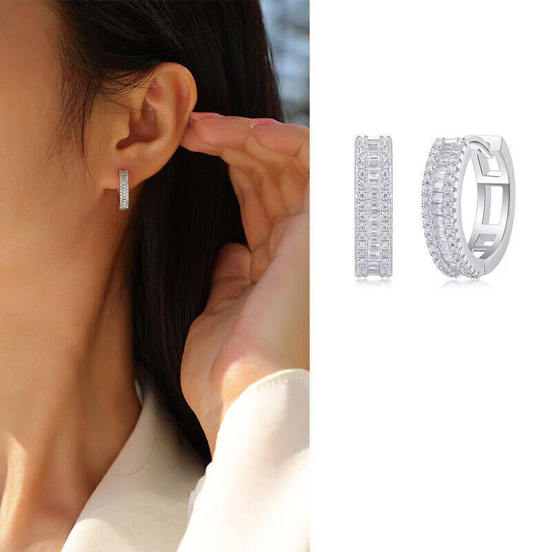 Emerald Cut Moissanite Hoop Earrings for Women Men Solid 925 Sterling Silver GRA - Image 2 of 4