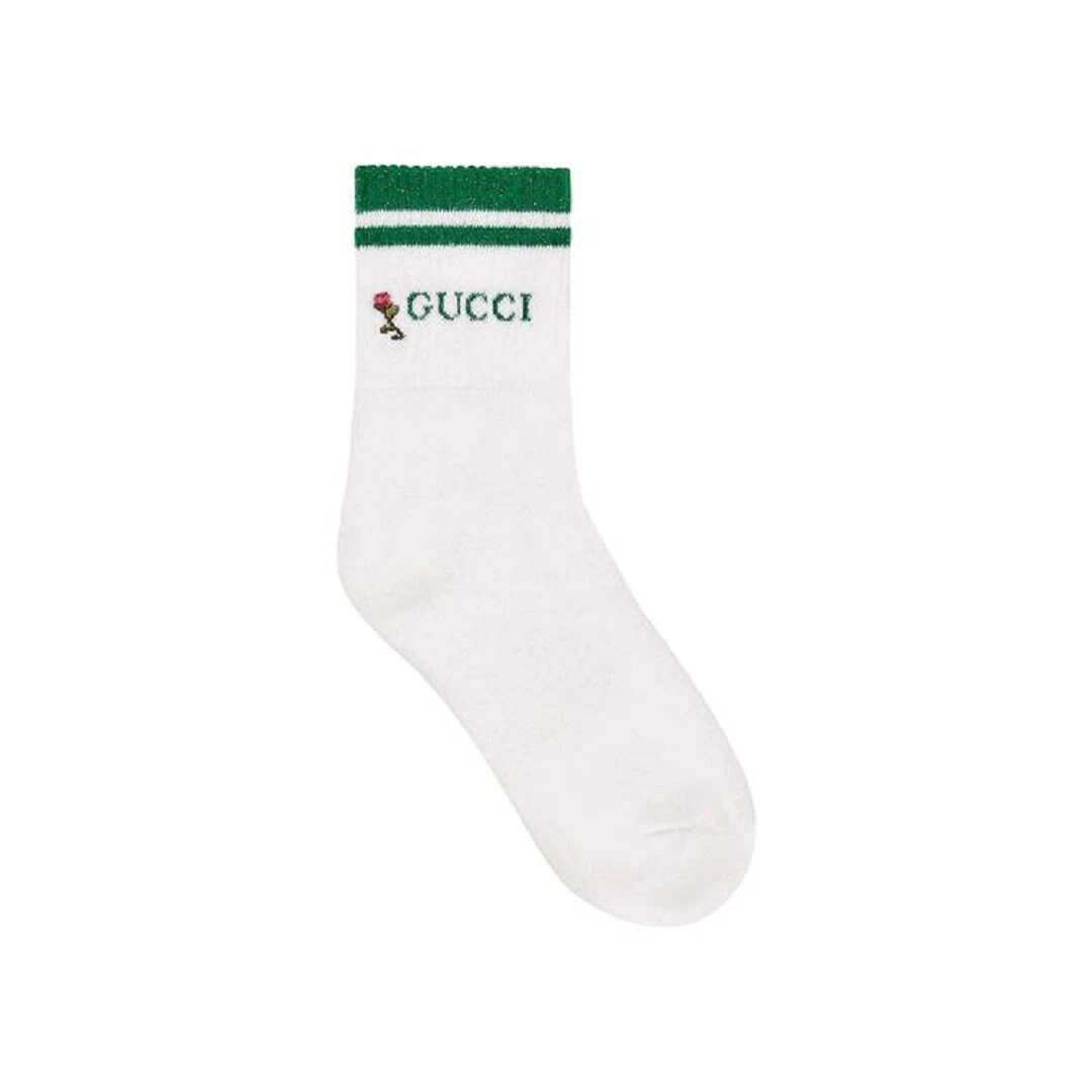 Gucci Women's Embroidered Rose White Ankle Socks with Green Trim 579316 9066
