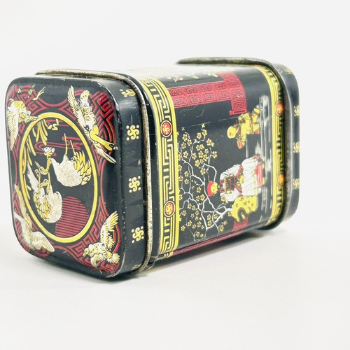 Vintage Tea Tin Oriental Black Pink Gold Cranes Asian Women Men 1970s - Picture 8 of 14