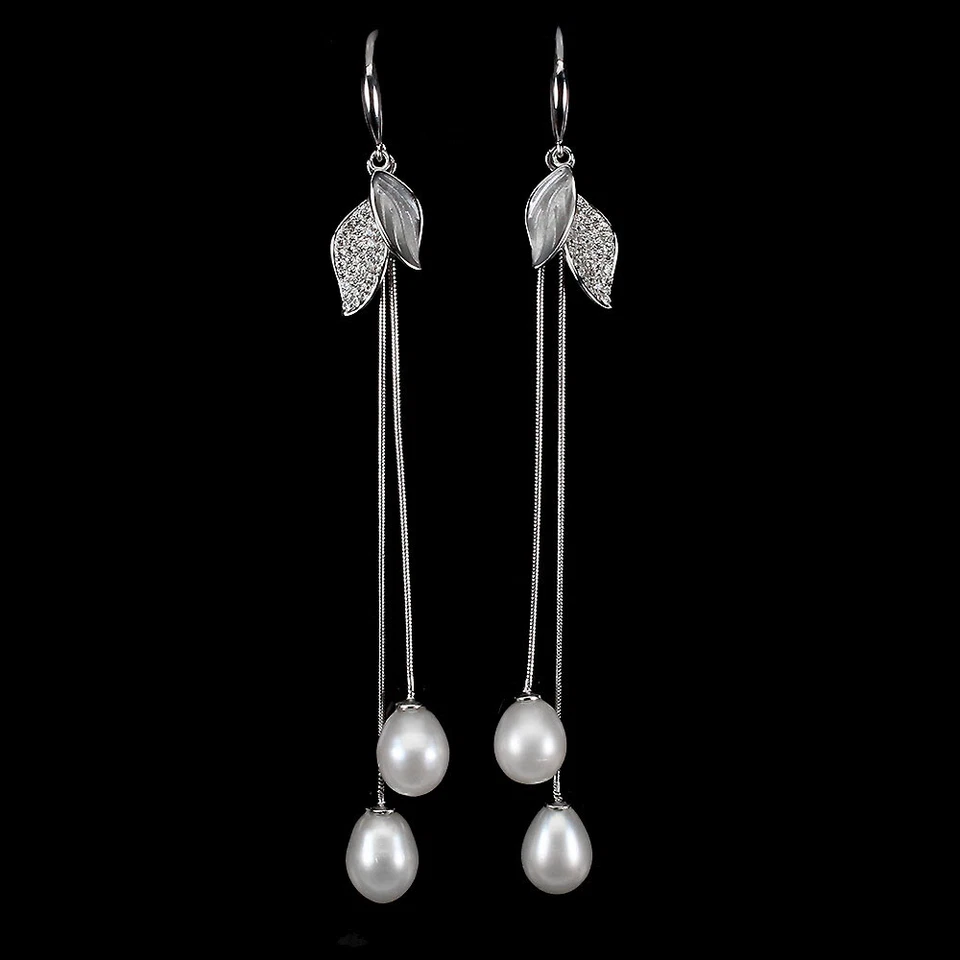 925 Sterling Silver Earrings Drop Pearl 10x7mm Simulated Cz - Image 2 of 4