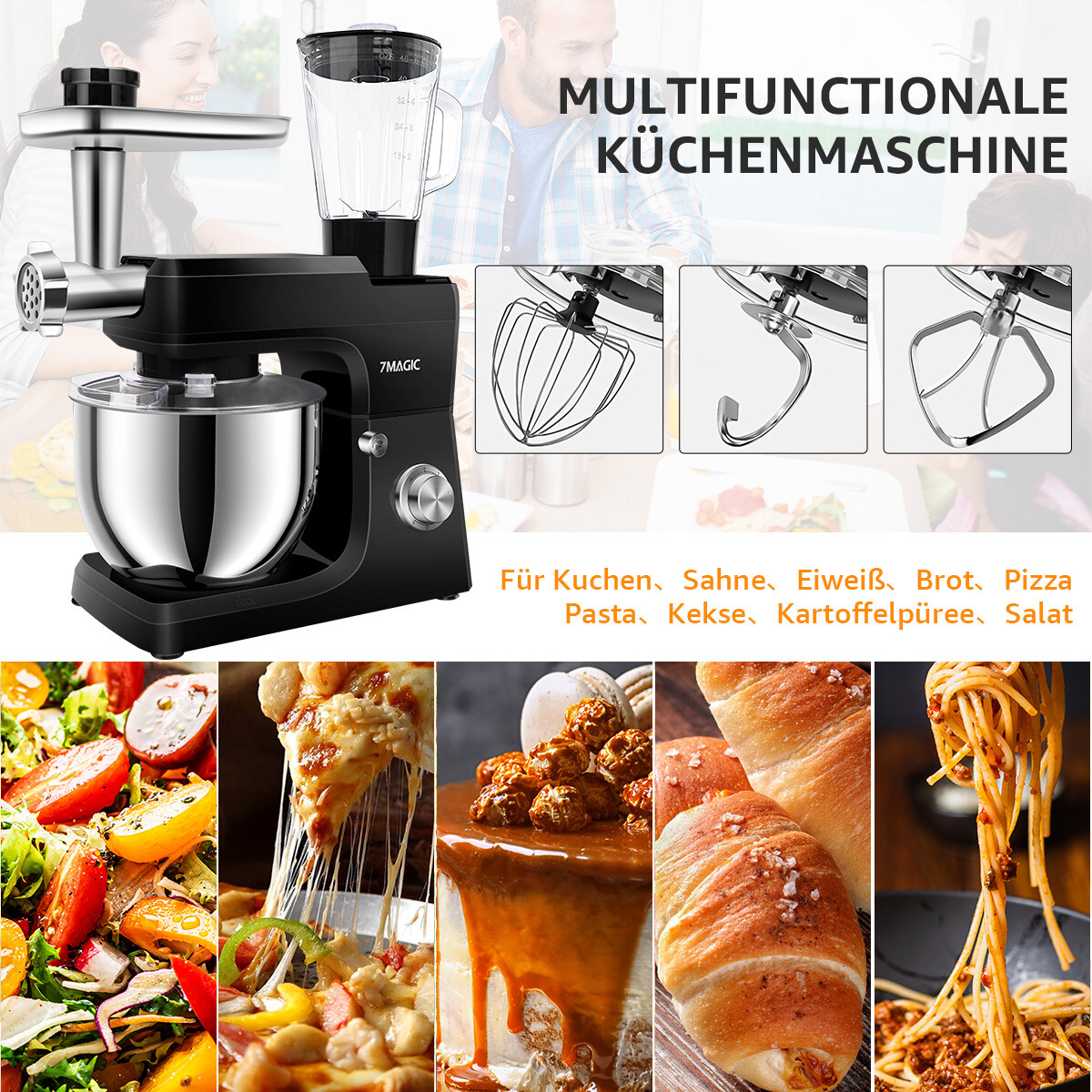 7MAGIC 3in1 Küchenmaschine 7L Elektrischer Ständer Mixer Edelstahl 