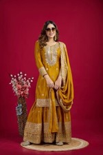 Reception Wear Chinnon Silk Kurta Palazzo With Dupatta For Women  Girls
