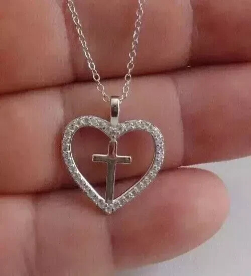 1CT Round Cut Simulated Diamond CROSS in HEART Pendant 14k White Gold PlatedSLVR