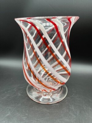 Hand Blown Art Glass  Infused Candy Cane Swirl  Vase 7'' X 4 3/4'' - Very Pretty